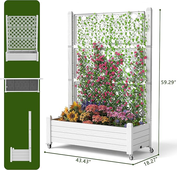 21 Gallon Raised Garden Bed with Trellis Self Watering Raised Planter Box with Wheels Drainage Holes and Gauge for Climbing Plants Vegetables and Flowers Anti-Rust Resin for Backyard Patio