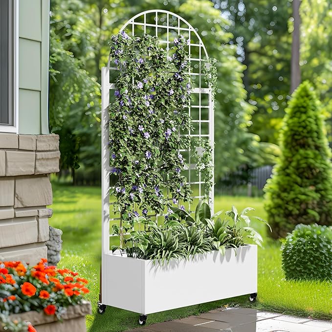 Casaphoria Metal Raised Garden Bed with Trellis and Wheels 72x35x16 Arched Planter Box for Climbing Plants Vegetables &amp Vines Features Drainage Holes and Privacy Screen White-Grid