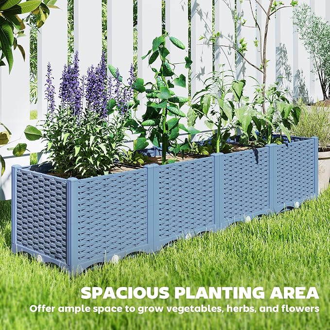 Outsunny 5 x 1 x 1 ft Raised Garden Bed Indoor Outdoor Plastic Planter Box with Drainage Holes Drain Plugs and Water Reservoirs for Vegetables Herbs Flowers &amp Succulents Blue