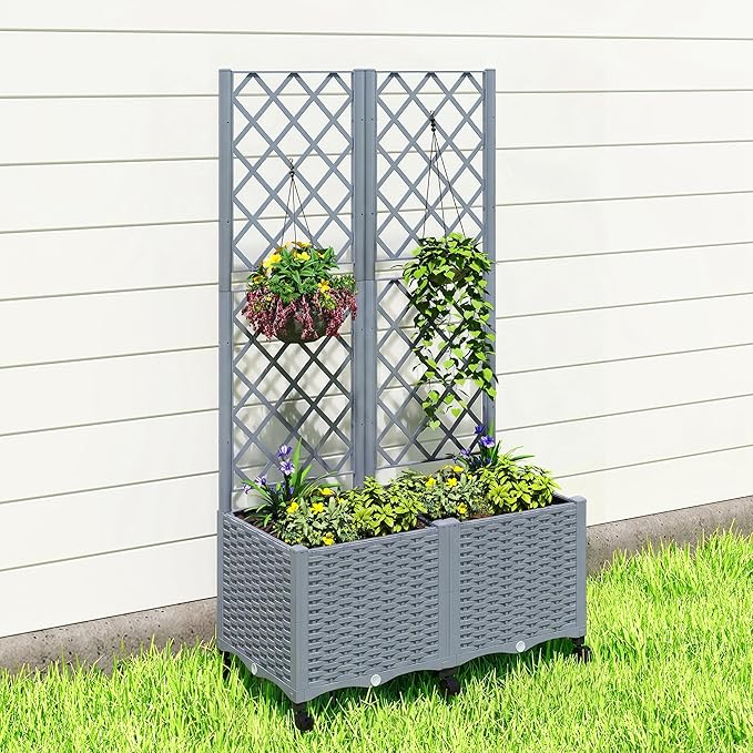 Outsunny Planter Box with Trellis Self Watering Raised Garden Bed with Lockable Wheels 56.3 Trellis Privacy Planter with Drainage Holes for Climbing Plants Vines Vegetables Flowers Gray