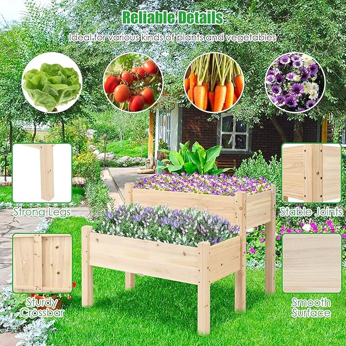COSTWAY 2-Tier Raised Garden Bed Sturdy Fir Wood Elevated Planter with Legs for Vegetables Herbs &amp Flowers – Indoor &amp Outdoor Use Natural Finish