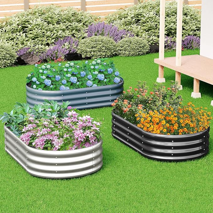 zizin 2 Pack Galvanized Raised Garden Bed Metal Oval Raised Garden Beds Outdoor Planter Box for Vegetables (6x3x1FT Silver)