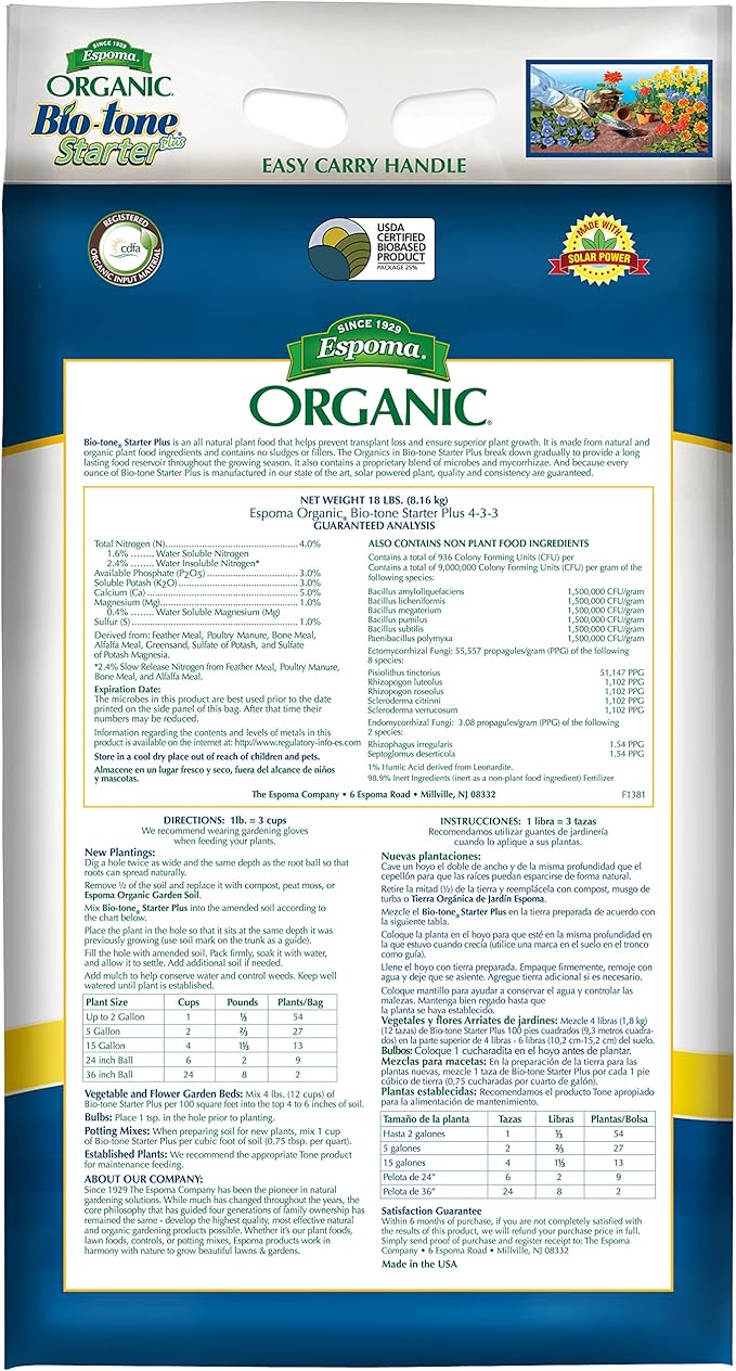 Espoma Organic Bio-Tone Starter Plus 4-3-3 Natural &amp Organic Starter Plant Food with Both Endo &amp Ecto Mycorrhizae 18 lb. Bag The Ultimate Starter Plant Food