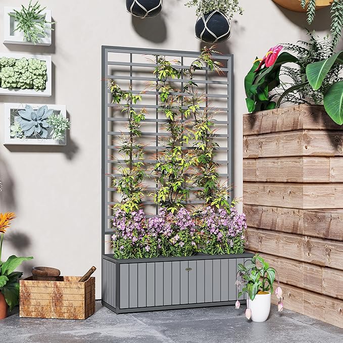 Outsunny Wooden Raised Garden Bed with Trellis Removable Pots Drainage Holes for Climbing Vines Vegetables Flowers Raised Planter Box for Backyard Patio Balcony 29 x 11 x 52 in. Gray
