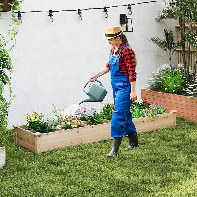 Giantex Wooden Raised Garden Bed with 2 Planter Boxes &amp Dividers 90x25x10 Raised Bed for Flowers Vegetables Fruits Herbs Gardening Planting Outdoor Garden Box for Patio Backyard Lawn (1)