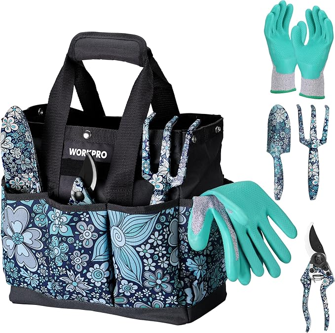 WORKPRO 5PCS Garden Tool Set Aluminum Heavy Duty Gardening Tool Set with Garden Tool Bag Outdoor Garden Hand Tools Floral Blue