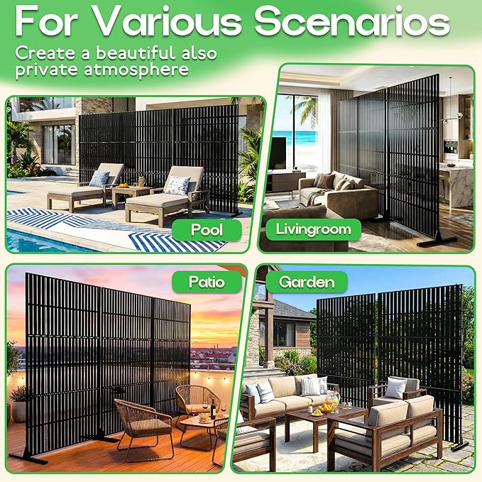 Metal Privacy Screen 72 H x 47.2 Decorative Outdoor Privacy Screen Privacy Panel with Stand for Balcony Deck Patio Lawn Garden Privacy Fence (Black-Vertical)