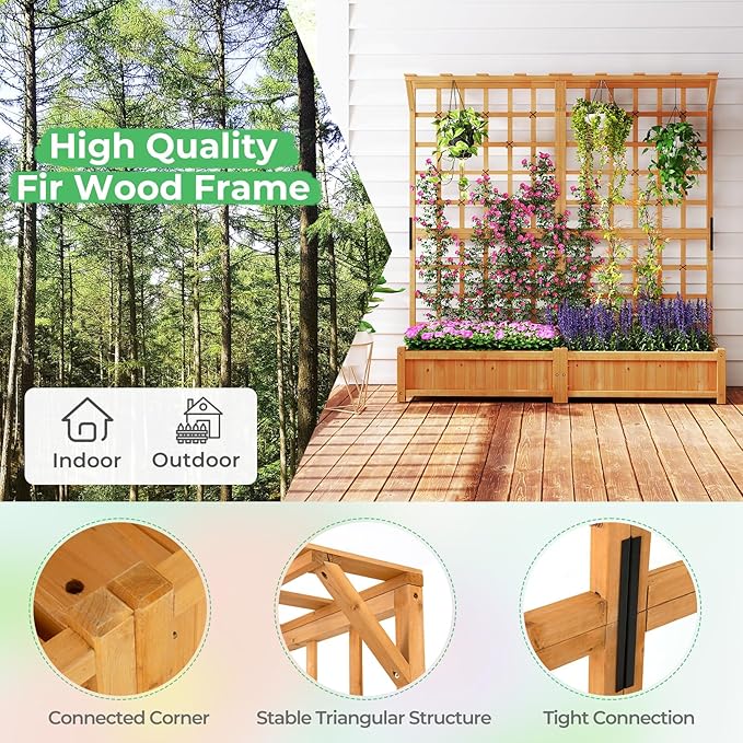 COSTWAY 71” Large Wooden Raised Garden Bed with Trellis and Hanging Roof 2 Planter Boxes 4 Drainage Holes Removable Bottom Plate for Climbing Plants Flowers Outdoor Balcony Planter