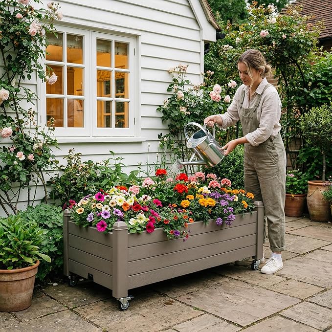 Raised Garden Bed with Wheels Outdoor Resin Planter Box with Drain Hole and Water Level Detector for Backyard Patio Balcony Gray (13.3 h)