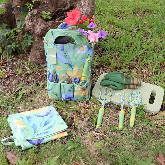 10-Piece Garden Tool Set – Green Floral Print Gardening Hand Tools with Non-Slip Handles Heavy Duty Rust-Proof Aluminum Tools Organizer Tote Bag Ideal Gardening Gifts for Women &amp Grandma