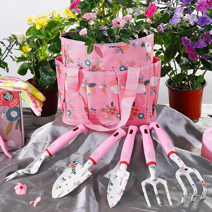 Floral Garden Tools SetHeavy Duty Gardening Tools for GardenerGardening Gifts for WomenStorage Tote BagSleevesGlovesTrowelTransplanterRakeWeederCultivatorPrunerSucculent Hand ToolsPink