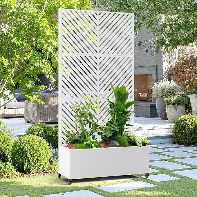15.7×70.9×35.4 Metal Raised Garden Bed with Trellis and Wheels - Tall Trellis Planter Box for Climbing Plants Vegetables &amp Vines - Outdoor Privacy Planters for Patio (White-Parallel)