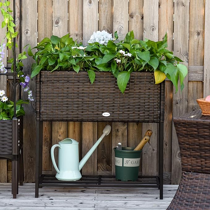 Outsunny Raised Garden Bed Elevated Planter Box with Rattan Wicker Look Tool Storage Shelf Portable Design for Herbs Vegetables Flowers Brown