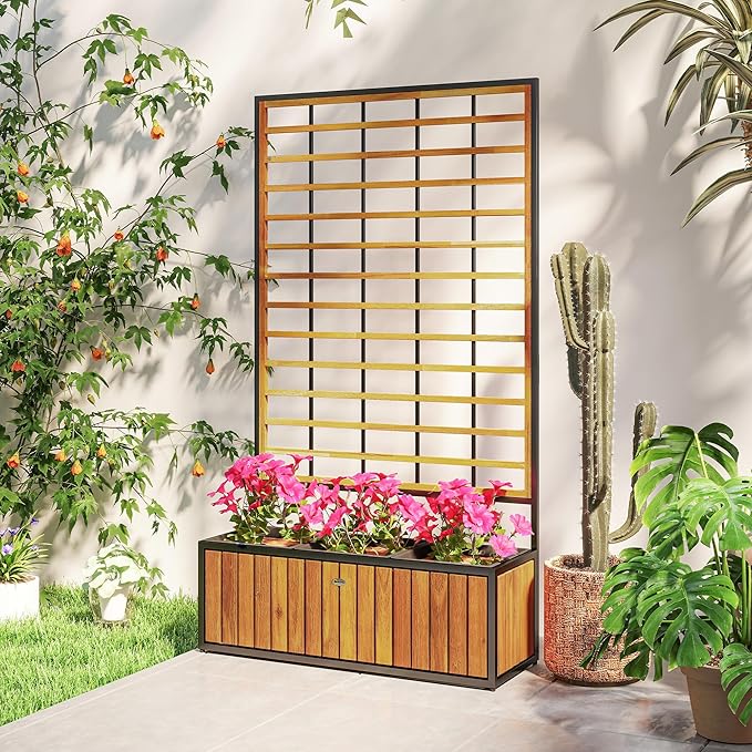 Outsunny Wooden Raised Garden Bed with Trellis Removable Pots Drainage Holes for Climbing Vines Vegetables Flowers Raised Planter Box for Backyard Patio Balcony 29 x 11 x 52 in. Teak