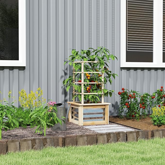 Outsunny Raised Garden Bed with Trellis Wooden Planter Box with Galvanized Steel Sides Raised Flower Bed for Climbing Plants Flowers Fruits and Vegetables Natural Wood