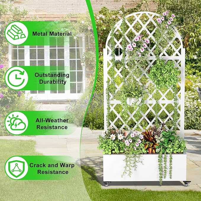 Trellis Planter Box with Wheels 35.4 Long Metal Raised Garden Bed with Drainage Holes Privacy Screen for Climbing Plants Vegetables Flowers Outdoor Patio Balcony Garden Kit (White)