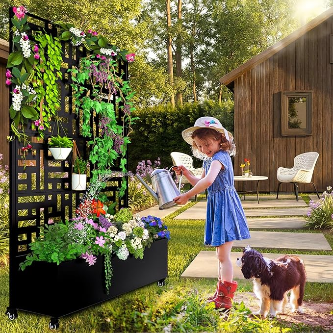 Metal Planter Box with Trellis 72.1x47.2x16 Outdoor Galvanized Raised Garden Bed with Privacy Screen &amp Drainage Holes &amp Lockable Casters for Climbing Plants Vegetable (Street-Black1)