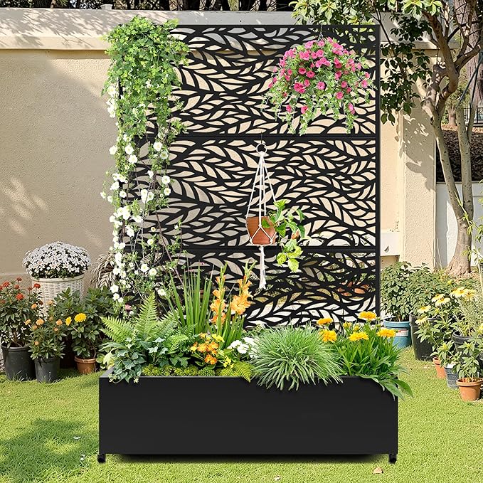 Metal Raised Garden Bed with Trellis 2-in-1 Planter Box &amp Privacy Screen for Climbing Plants Outdoor Standing Flower Bed with Drainage Holes 47.2 L x 16.7 W x 70.8 H Black-Spring