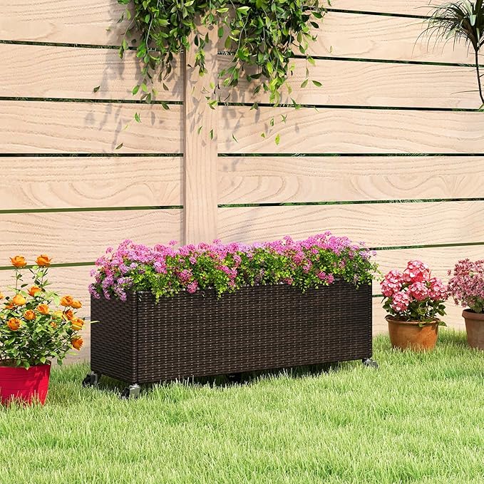 Raised Garden Bed with Wheels - All-Weather PE Rattan Wicker Elevated Garden Bed with Removable Liner &amp Lockable Wheels Indoor Outdoor Planter Box for Vegetable Flower Herb Fruit (1)