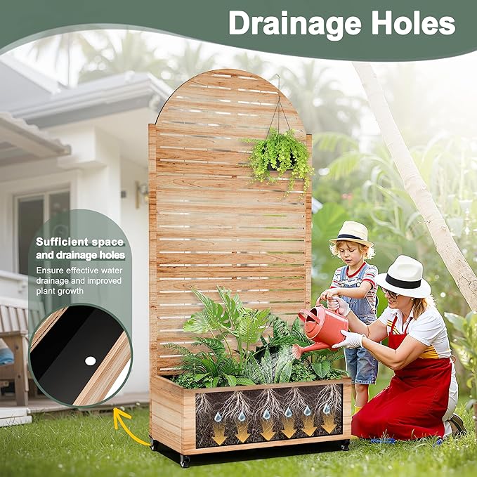 Metal Planter Box with Trellis for Patio Privacy Planter with Trellis Standing Planters Boxes with Privacy Screen Drainage Holes for Climbing Plants (35 L Arch White Wood Grain)