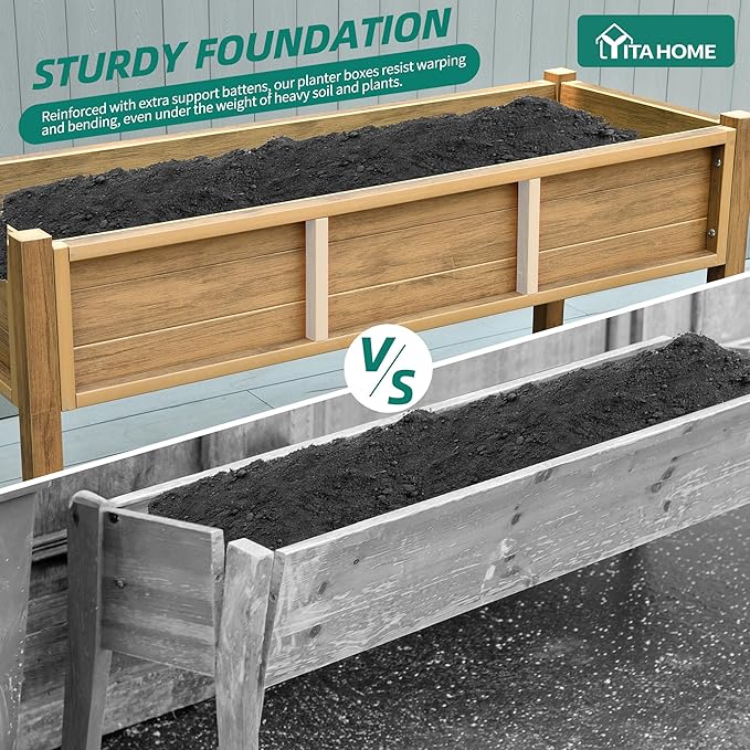 YITAHOME Raised Garden Bed Outdoor HDPE with Shelf 48x18x30in Poly-Wood Weather-Resistant Elevated Planter Box with Legs for Vegetable Flower Herb Garden Bed for Backyard Balcony Garden Brown