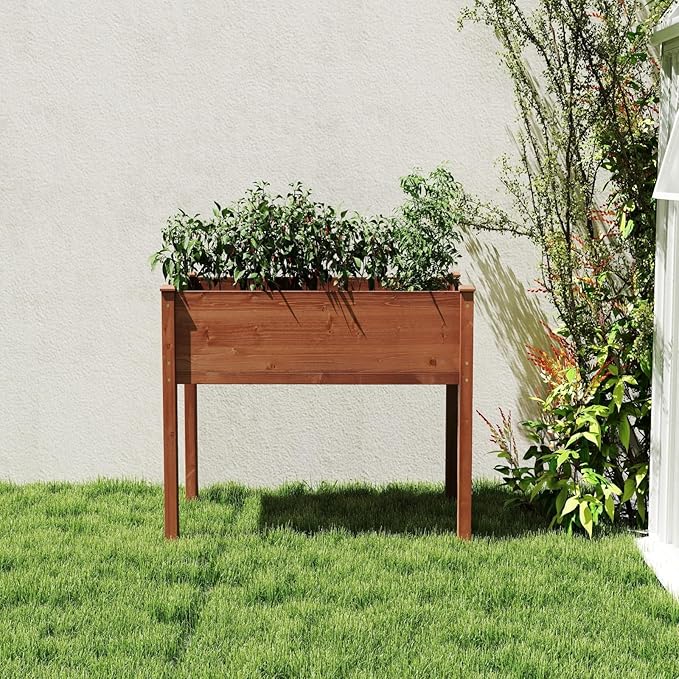 Donext 48 Inch Raised Garden Bed 30 Height Solid Wood Planter Box with Bed Liner 300lb Capacity Elevated Gardening Box(Brown)