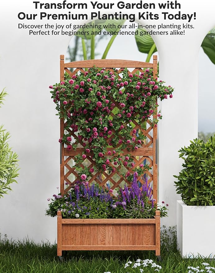 1PCS Planter Box with Trellis - 61x26x30 Raised Garden Bed with Diamond Lattice Trellis &amp Wheels Privacy Planters for Patio Wood Outdoor Planter with Drainage Holes for Climbing Plants Flowe