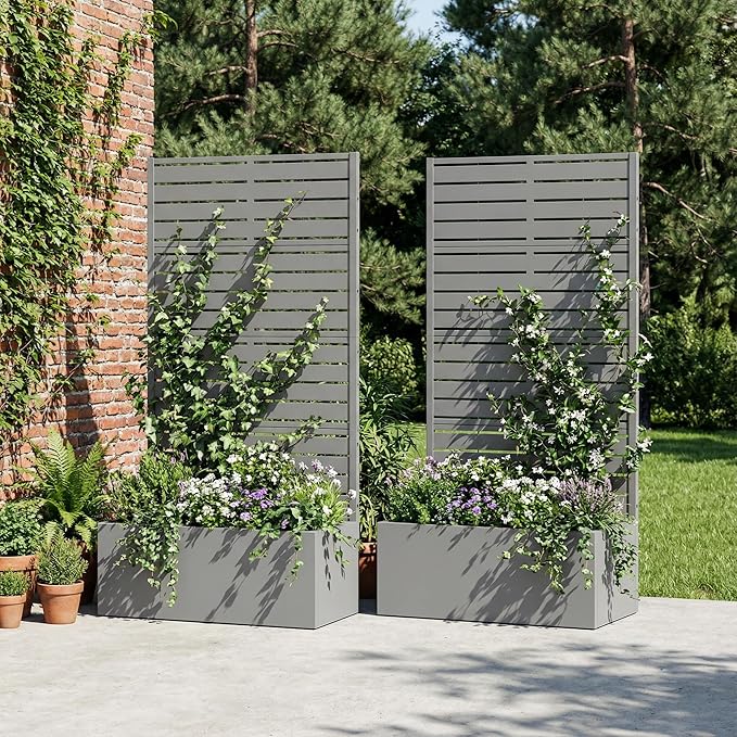 Casaphoria 60x30 Metal Raised Garden Bed with Trellis(2 Pack) Outdoor Planter Box with Wheels &amp Drainage Holes for Climbing Plants Flowers Elevated Garden Kit with Privacy Screen Grey-Louver