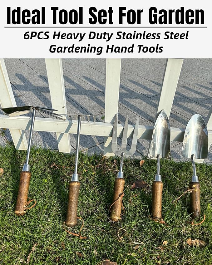 Garden Tool Set 6PCS Heavy Duty Stainless Steel Gardening Hand Tools with Ropes Includes Hand Cultivator Shovel Trowel Transplanter 2-in-1 Hoe Pruner Ideal Gardening Gifts for Women Men (Upgrade)