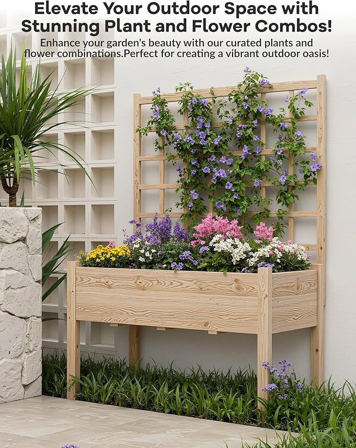 Raised Garden Bed with Legs For Outdoors 46 in x23 in x65 in Wooden Elevated Planter Box with Trellis Planter Liner for Backyard Patio Balcony Bed Liner for Climbing Plants Flowers Vegetables