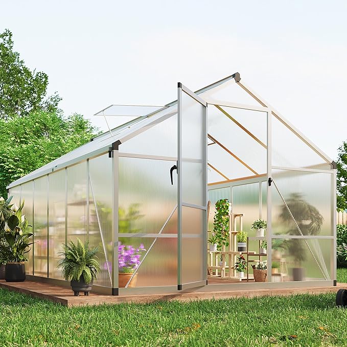 8x12 FT Greenhouse Greenhouses for Outside Polycarbonate Greenhouse with Aluminum Frame Lockable Door and Ajustable Roof Vent for Backyard Green Houses for Outside Garden Backyard Patio