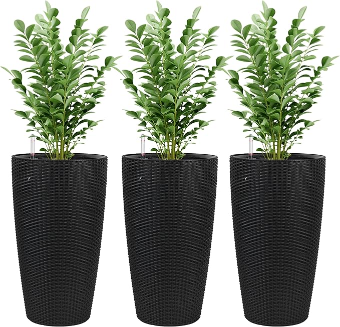 IndoorOutdoor The Appearance is Made of Rattan Planter22.5 inch Black Plastic Large Plant Pot with Automatic Watering System for Home and G (Black 22.5 inch 2 Pack)