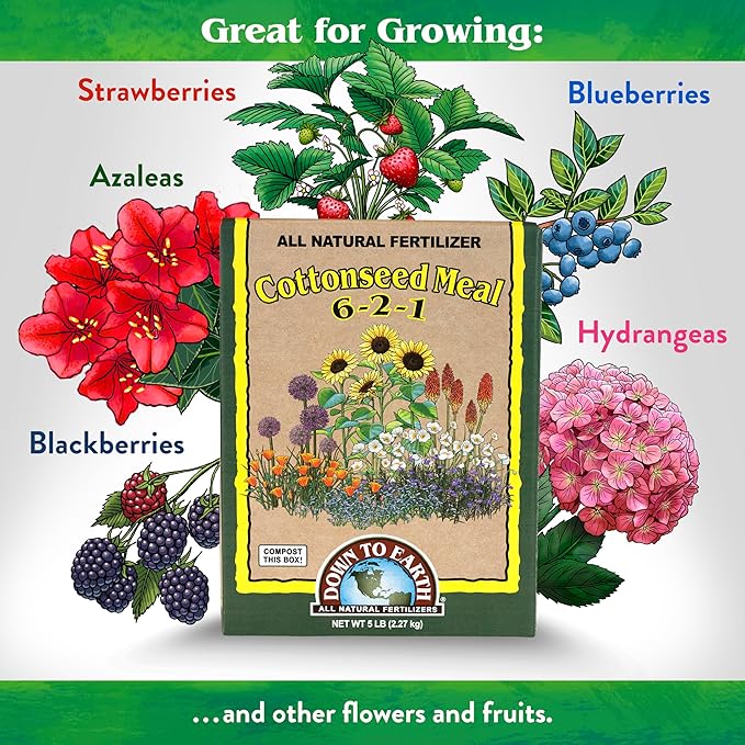 Down To Earth All Natural Fertilizers Organic Cottonseed Meal - Plant Food for Low pH Acid Soil Loving Plants 6-2-1 5 lb