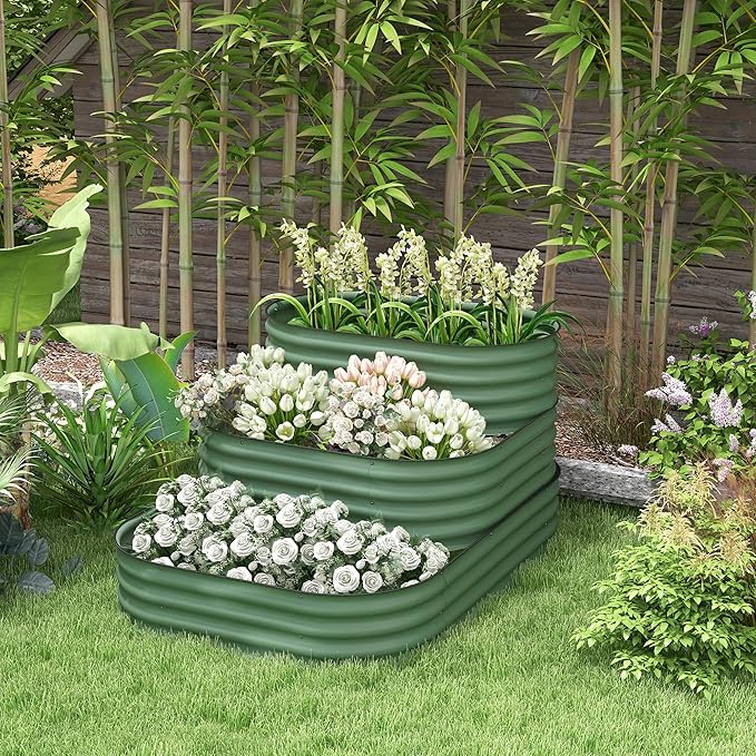 3-Tier Galvanized Steel Raised Garden Bed Kit 62.25 x 43 x 32.25 3 Combining Planter Boxes with Rubber Strip Edging Open Bottom for Backyard Garden Patio Green