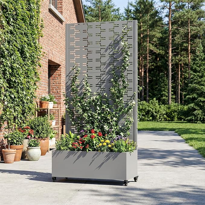 Casaphoria Metal Raised Garden Bed with Trellis and Wheels 72x35x16 Planter Box for Climbing Plants Vegetables &amp Vines Features Drainage Holes and Privacy Screen Grey-Brick