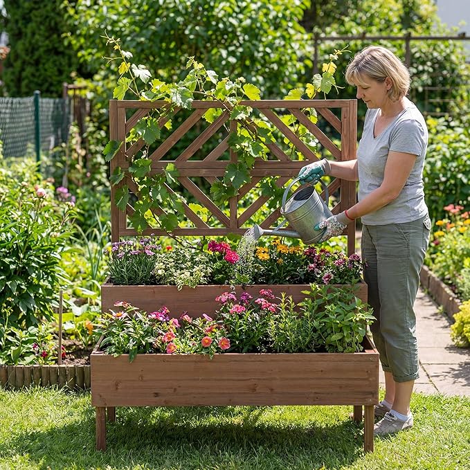 Giantex Raised Garden Bed with Trellis 2-Tier Standing Planter Box with Legs and Drain Holes Outdoor Elevated Garden Trellis for Vine Climbing Flower Vegetable Fruit Herb Growing Coffee Brown
