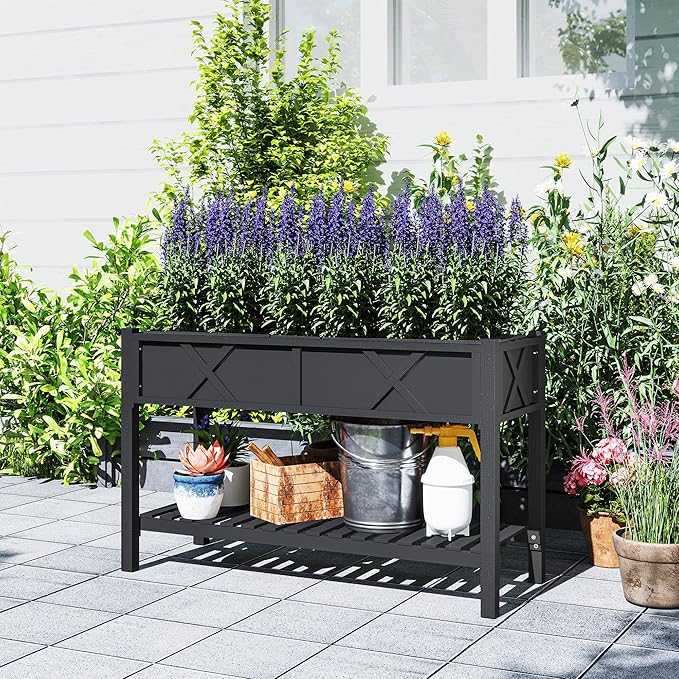 Outsunny Raised Garden Bed Elevated Wood Planter Box with Storage Shelf Drainage Holes and Liner for Backyard Patio Balcony 47 x 22 x 31.5 in Black