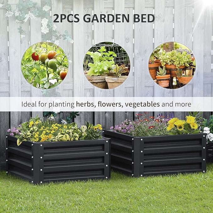 2 Piece Galvanized Raised Garden Bed 2' x 2' x 1' Metal Planter Box for Growing Vegetables Flowers Herbs Succulents Gray