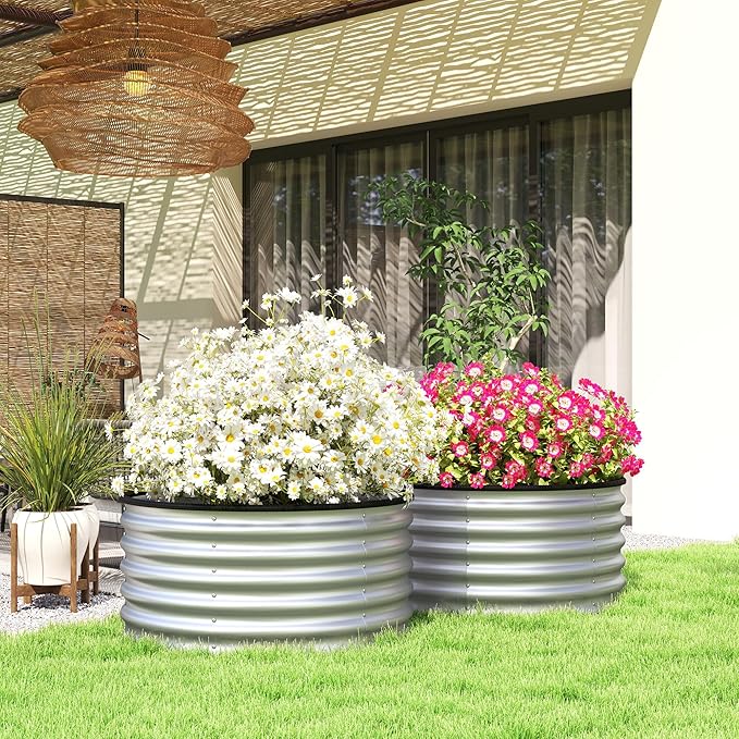 Set of Two 0.6mm Galvanized Steel Garden Beds 35.4 Dia x 16.9 H – Open Base Drainage-Optimized Rubber Edge Safety Silver