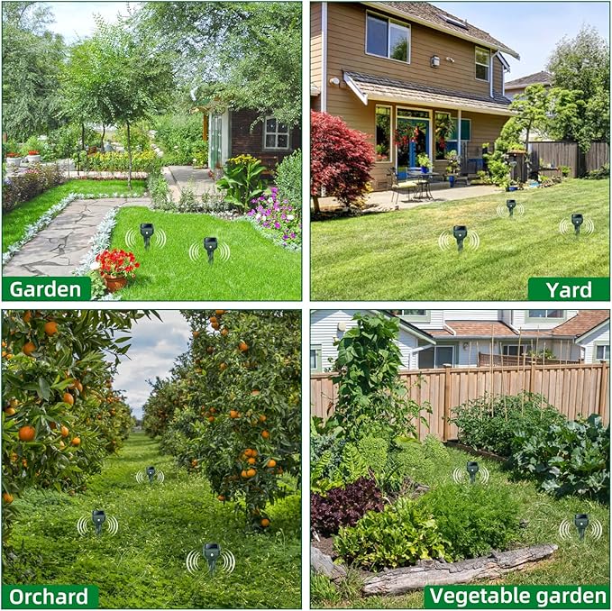 Mole Repellent Solar Powered 4 Pack Snake &amp Rabbit Repellent for Yard IP 65 Waterproof Ultrasonic Deterrent Stakes Get Rid for Armadillo Gopher Vole Chipmunk Deer Groundhog for Lawns Garde