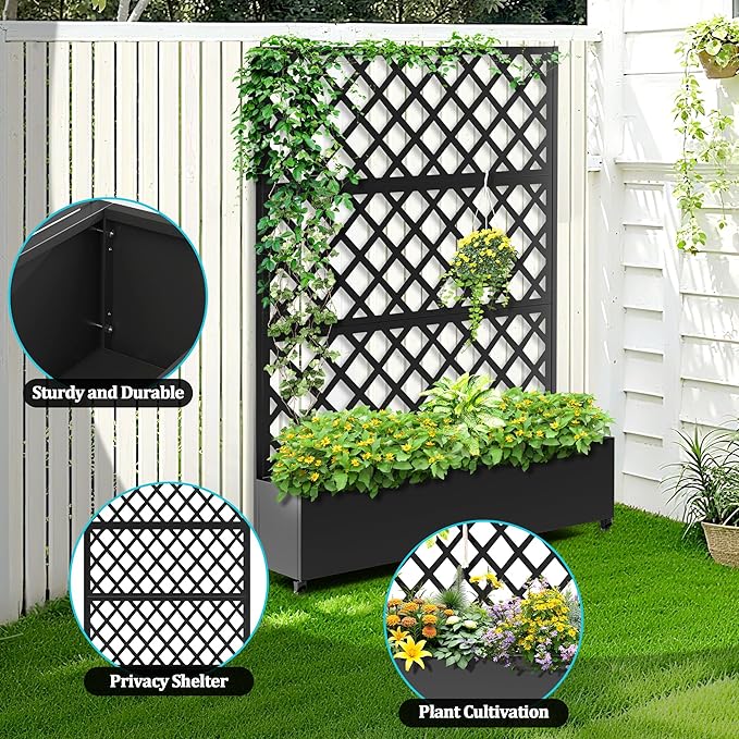 Metal Planter Box with Trellis Planter Box with Privacy Screen Privacy Trellis Outdoor for Climbing Plants with Drainage Holes Raised Garden Bed with Wheels