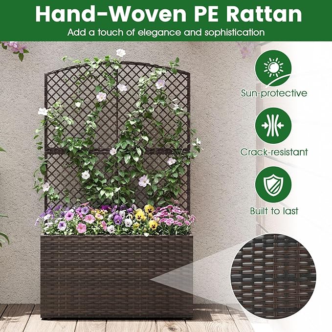 Giantex Raised Garden Bed with Trellis 49'' Tall PE Rattan Planter Box w/Liner &amp Drainage Metal Frame Privacy Screen for Vertical Climbing Plants Vegetables &amp Flowers Patio Balcony Gardeni