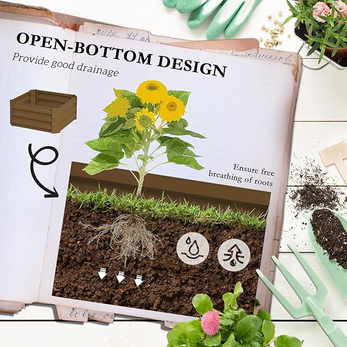 Outsunny Galvanized Raised Garden Bed 55 Tall Outdoor Planter Box with Trellis Tomato Cage and Open Bottom for Climbing Vines Vegetables Flowers in Backyard Garden Patio Brown