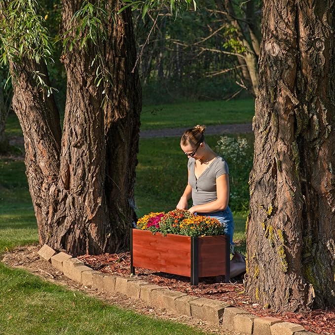 Sunnydaze Acacia Wood Rectangular Planter Box - 14.75 H Wooden Raised Garden Bed with Removable Polyethylene Planter Bag - Brown
