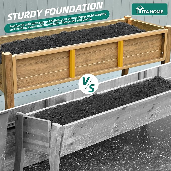 YITAHOME Raised Garden Bed HDPE 47x18x31In Poly-Wood Weather-Resistant Raised Flower Bed Elevated Planter Box with Lockable Wheels for Vegetables Brown