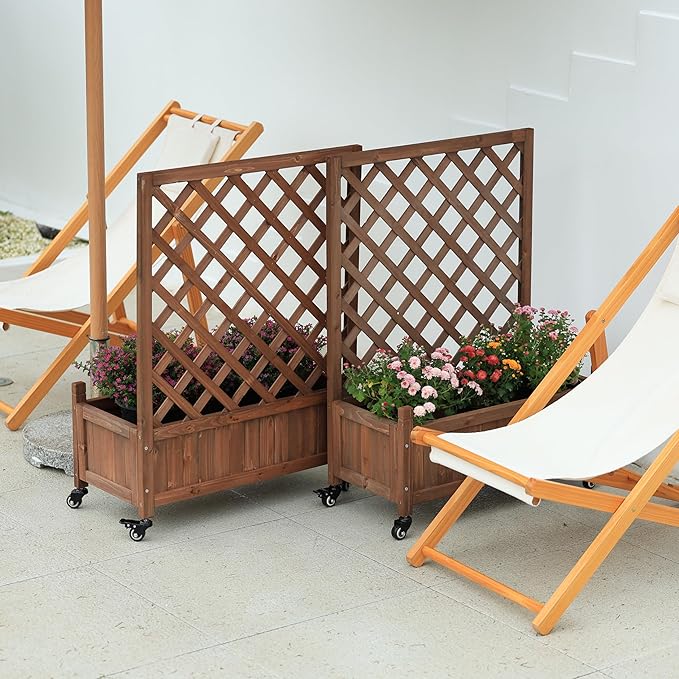 2 Pcs Wooden Planter Boxes with Trellis: Four Universal Wheels for Easy Mobility 37.6 H x 27.5 W x 13 DPerfect for Outdoor Climbing Plants on Patios Balconies &amp Gardens