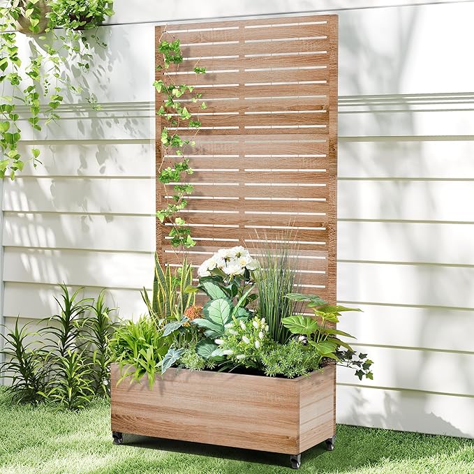 Raised Garden Bed with Trellis and Wheels73x47x16 Metal Raised Garden BedWood Finish Metal Planter with Climbing Trellis for Vines &amp Vegetables