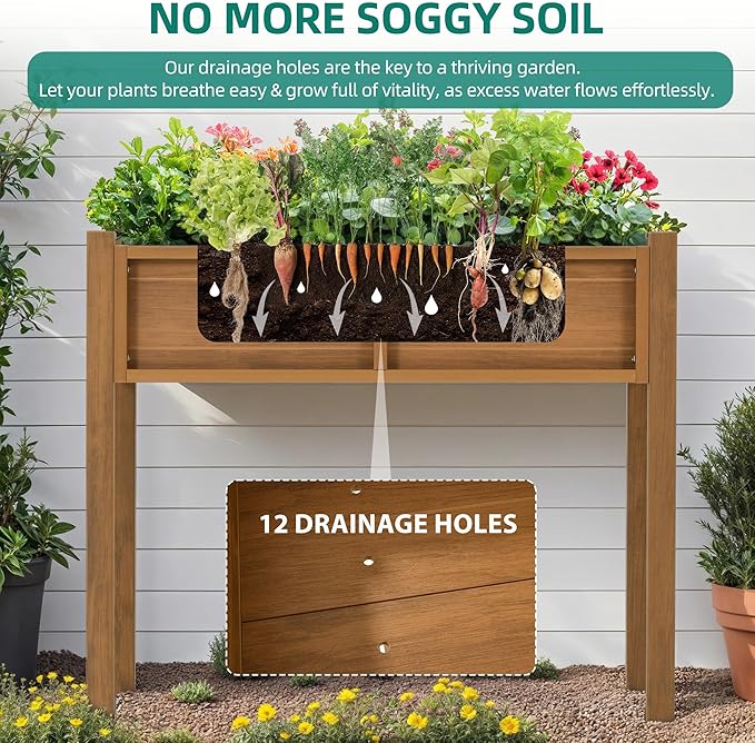 YITAHOME Elevated Garden Bed HDPE Raised Garden Bed with Legs &amp Drainage Hole Poly-Wood Weatherproof Elevated Planter Box Patio Planters for Vegetables Flowers Plant Bed for Garden Teak