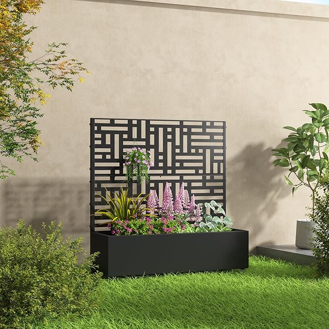 47x47x16 Metal Raised Garden Bed with Trellis Trellis with Planter Box for Backyard Patio Balcony Climbing Plants Black Helen