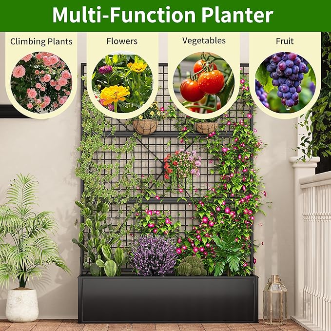 Metal Raised Garden Bed with Trellis and Privacy Screen 71×47.2×16 Planter Box with Drainage Holes for Climbing Plants Vegetables Vines Outdoor Sturdy Planter Box for Patio Backyard Black